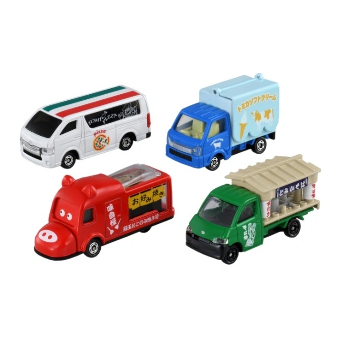 Four Tomica toy food trucks: pizza van, ice cream truck, okonomiyaki truck, and soba noodle truck.