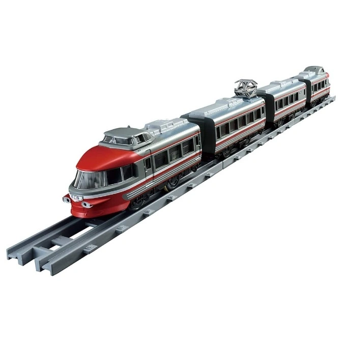 Toy train set with red and silver cars on gray tracks.