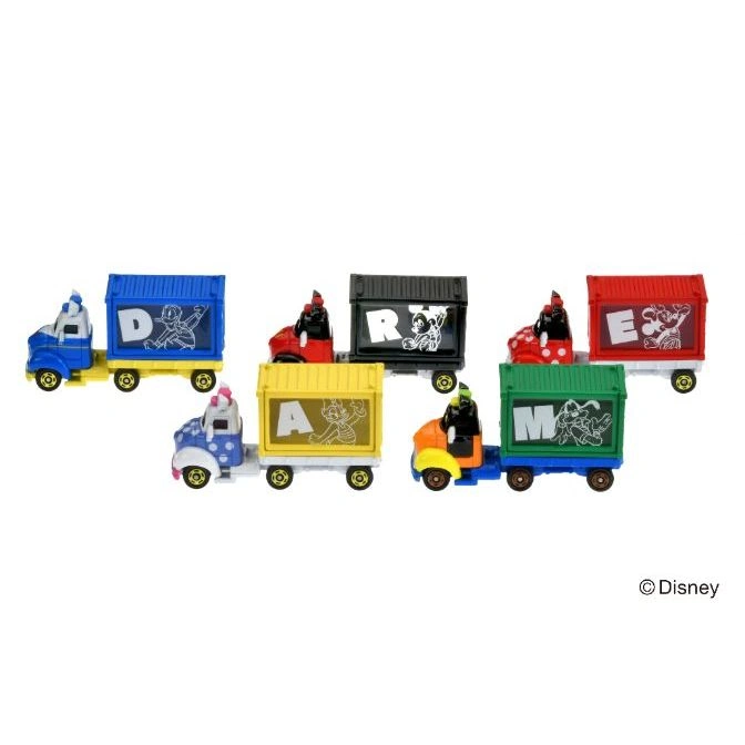  Disney character toy trucks spelling DREAM, each with a character figure driving.