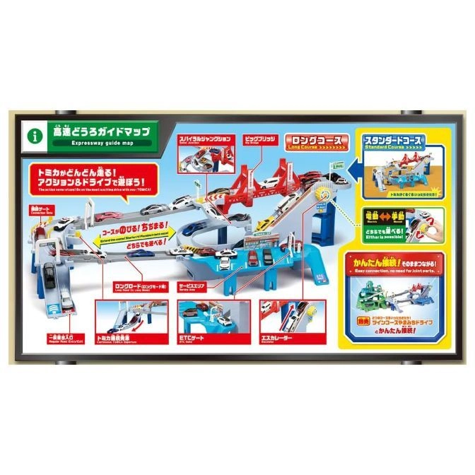  Tomica expressway playset with spiral ramp, long course, and service area for toy car action.