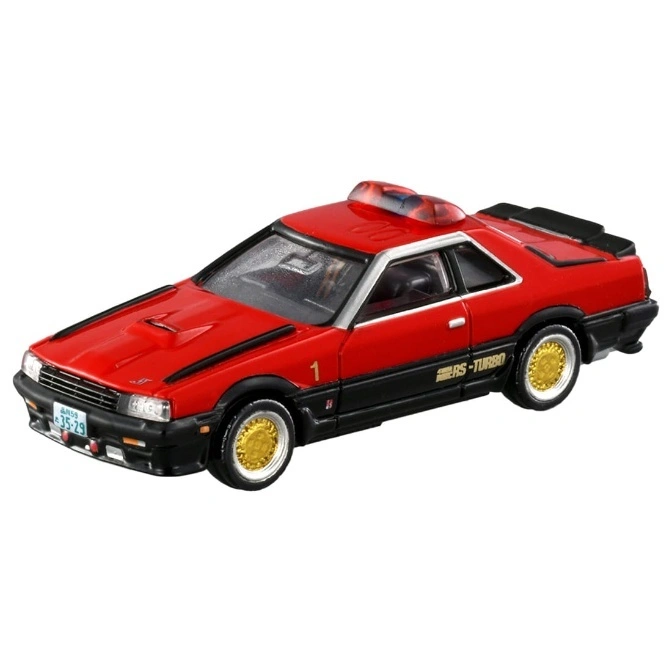 Red toy Nissan Skyline R30 patrol car with gold wheels and emergency lights.