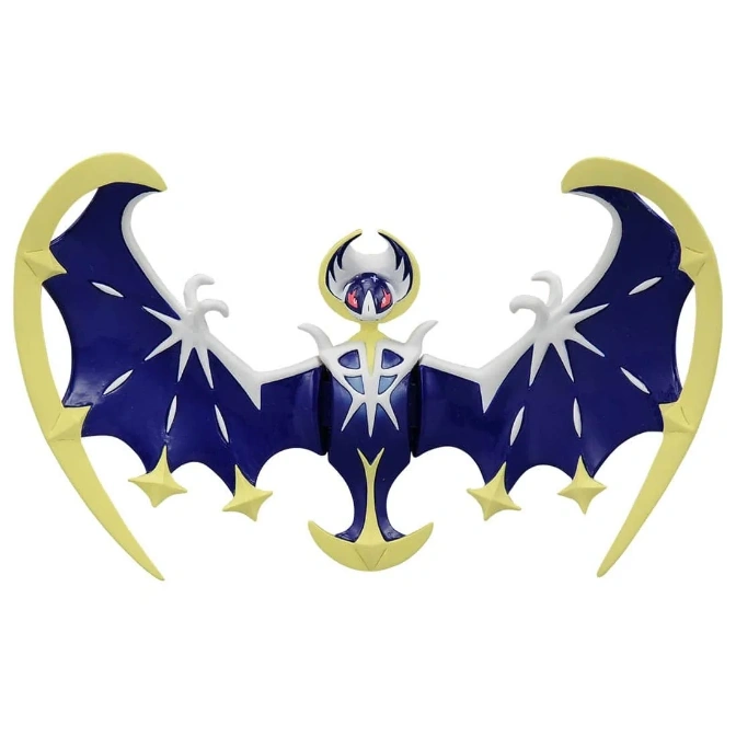  Lunala Pokémon toy with blue wings and yellow crescent moon accents.