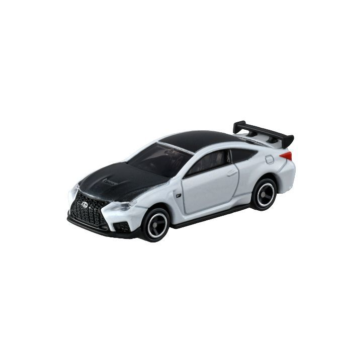 Toy Lexus RC F GT3 car with black hood and roof, white body, and spoiler.