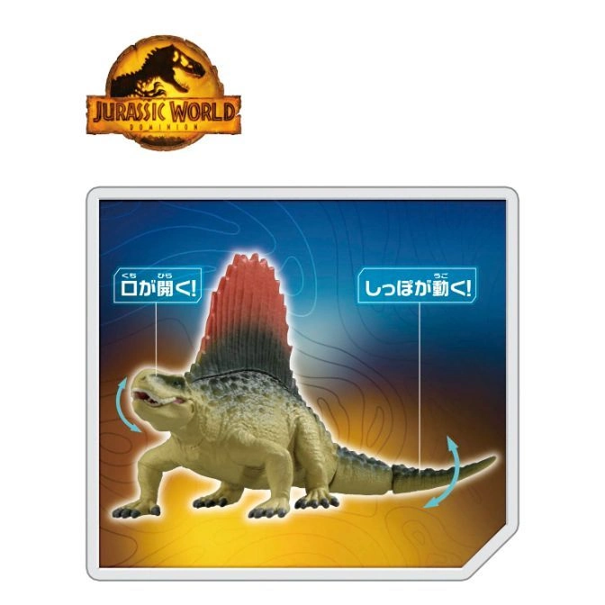  Dimetrodon toy with moving tail and opening mouth, Jurassic World Dominion logo.
