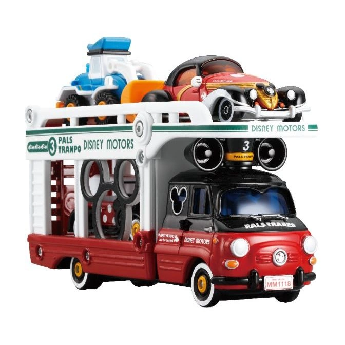  Disney Motors car carrier truck toy with three toy cars on top, red and white color scheme.