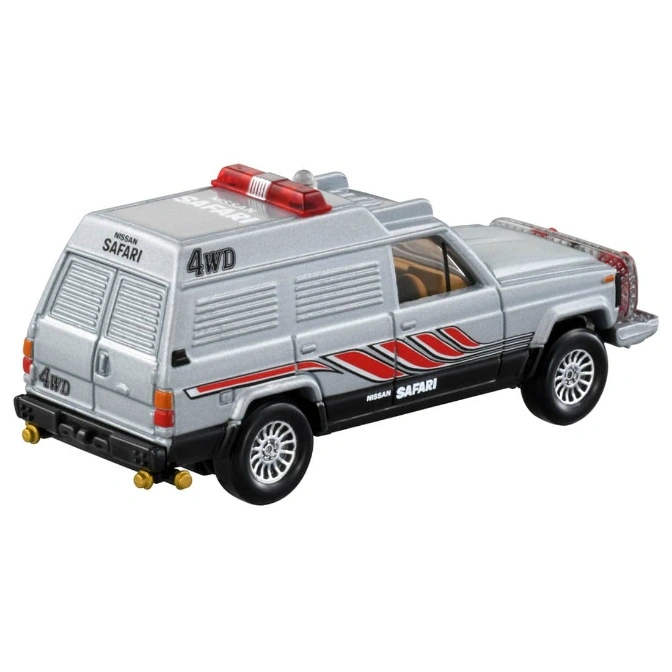  Silver Nissan Safari 4WD toy car with red stripes and emergency lights.