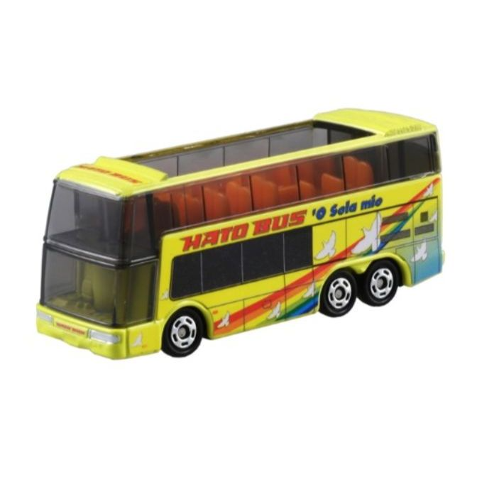 Yellow Hato Bus toy model with rainbow design and white doves.