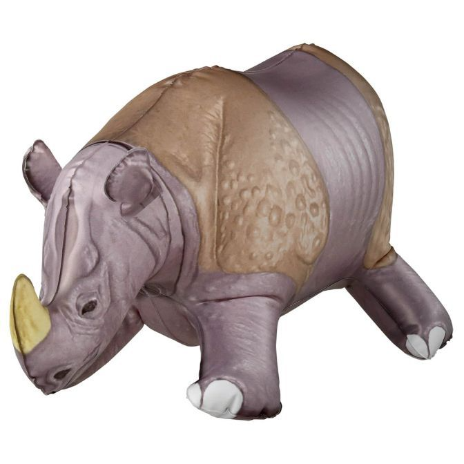 Inflatable rhino toy with a horn, brown back, and purple body.