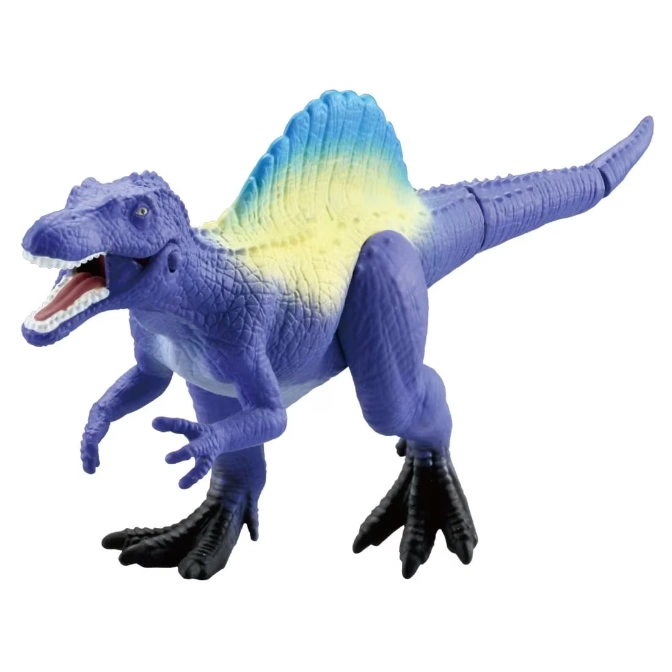 Purple Spinosaurus toy with a blue and yellow sail on its back, standing on two legs.