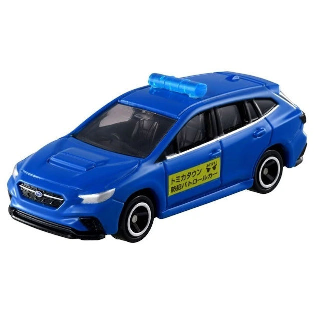  Blue toy Subaru patrol car with light bar and Japanese text on the side.
