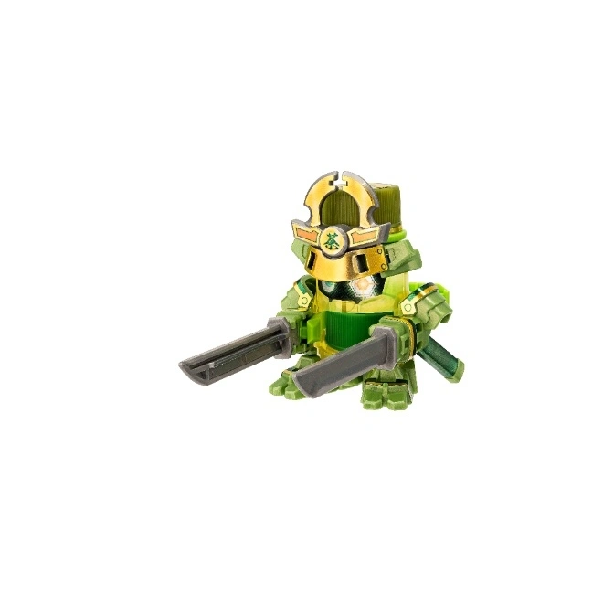 Green toy robot samurai with swords and gold helmet.