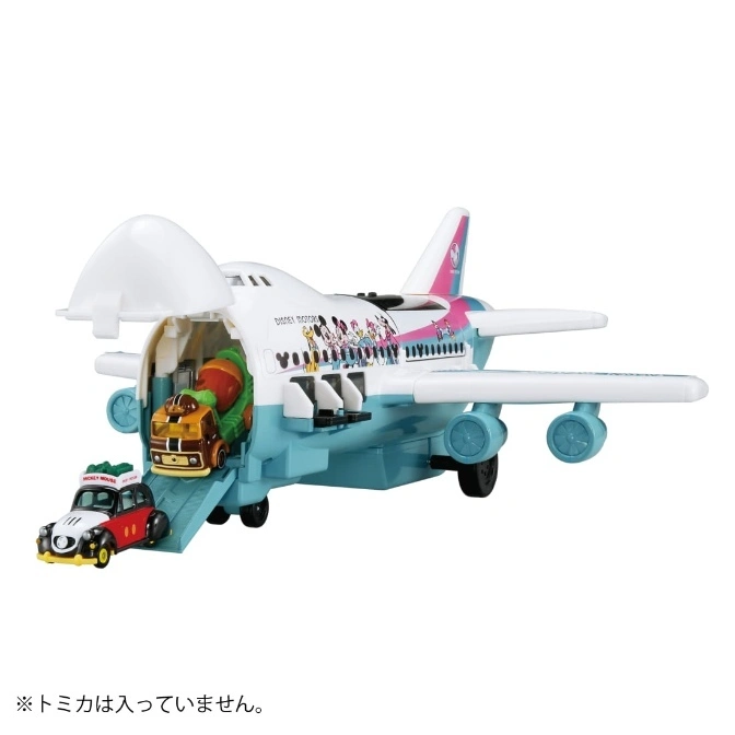  Disney airplane toy with Mickey Mouse characters and toy cars inside, ramp extended.