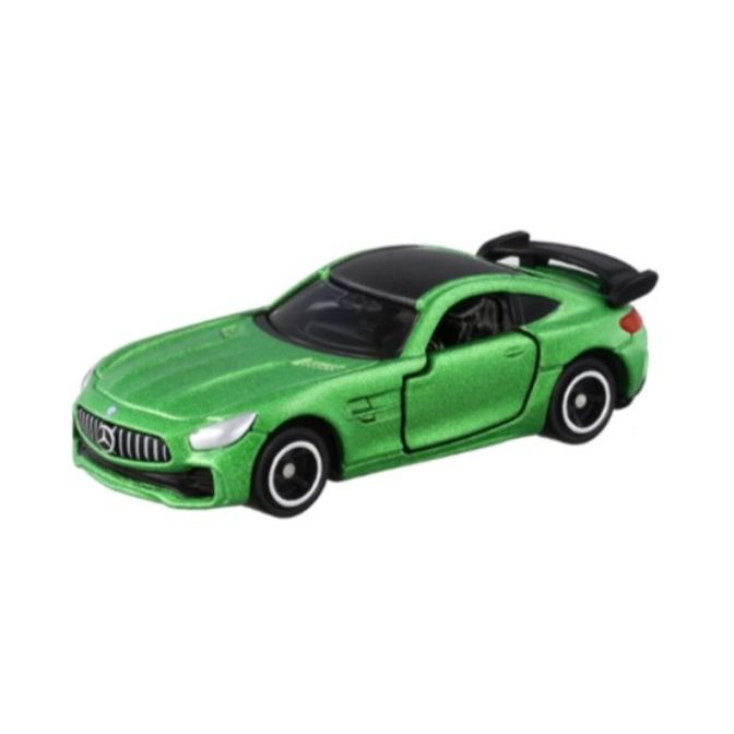 Green toy Mercedes-AMG GT with black roof and spoiler.