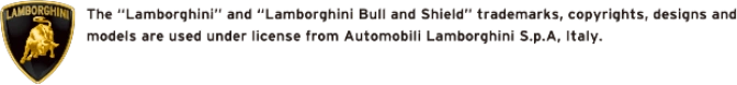  Lamborghini logo with bull and shield, text states trademarks are used under license from Automobili Lamborghini S.p.A, Italy.