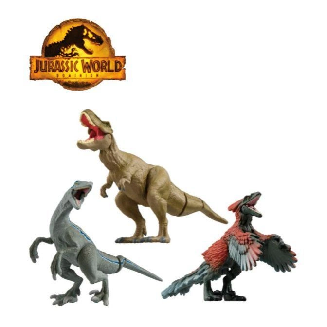 Jurassic World Dominion toy set: T-Rex, Velociraptor Blue, and feathered Pyroraptor.