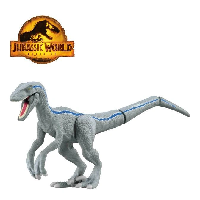 Blue, a gray Velociraptor toy with blue stripes, stands near the Jurassic World Dominion logo.