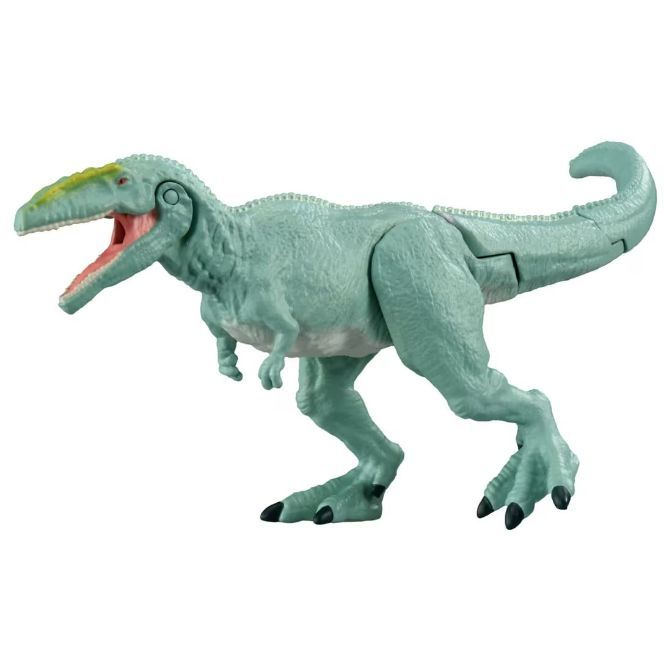 Blue dinosaur toy with open mouth and yellow crest.