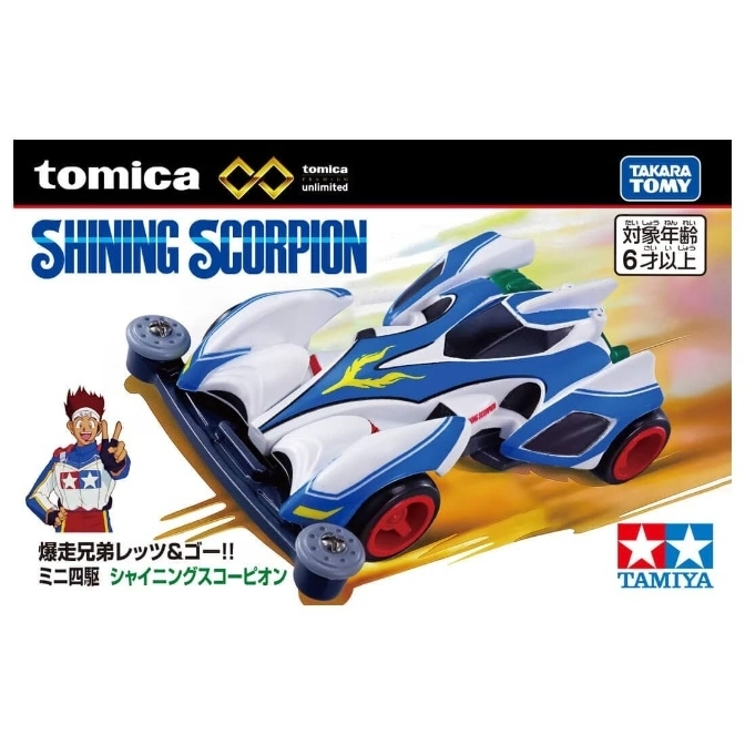  Tomica Shining Scorpion Mini 4WD toy car with blue and white body, red wheels, and Tamiya logo.