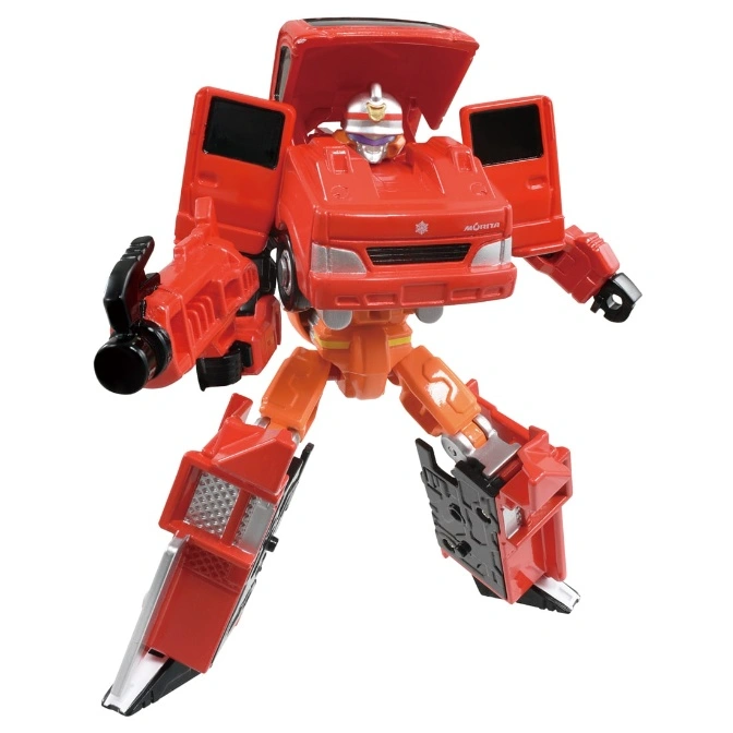 Red fire truck transformer toy with open doors and a cannon arm.