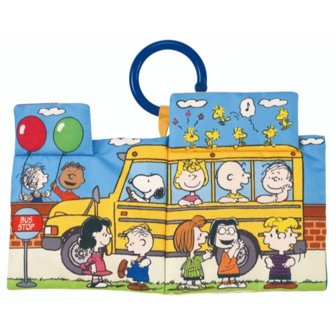  Peanuts school bus soft book with Snoopy driving and kids waiting at the bus stop.
