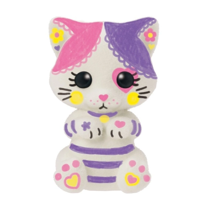  Stuffed cat toy with pink and purple markings, heart and flower details, and striped body.