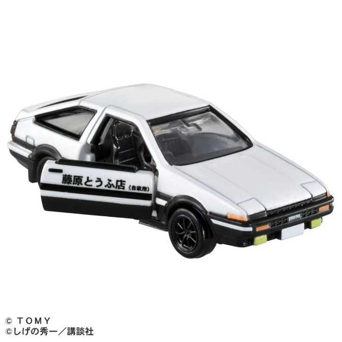  White Initial D AE86 toy car with open door showing Fujiwara Tofu Shop text.