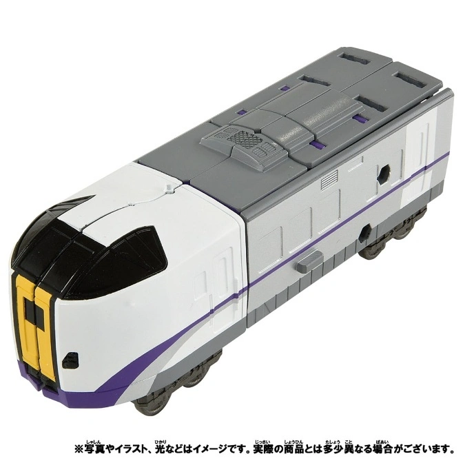  Toy train with white, grey, and purple accents. Bullet train style.