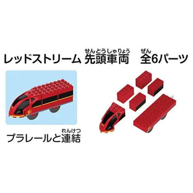 Red toy train made of building blocks, with 6 parts, compatible with Plarail tracks.
