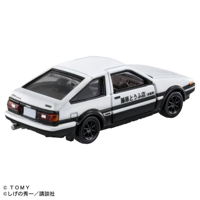  White and black Toyota AE86 diecast model car with Fujiwara Tofu Shop livery.