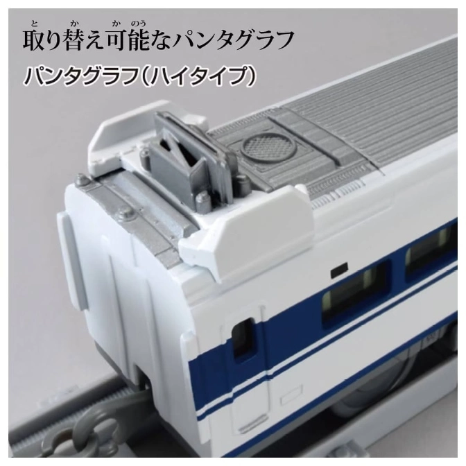  Toy train with a pantograph on top, white with blue stripes, on a gray track.