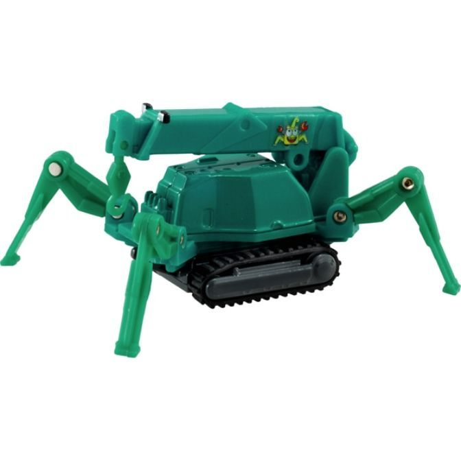 Green toy crane with spider-like legs and caterpillar tracks.