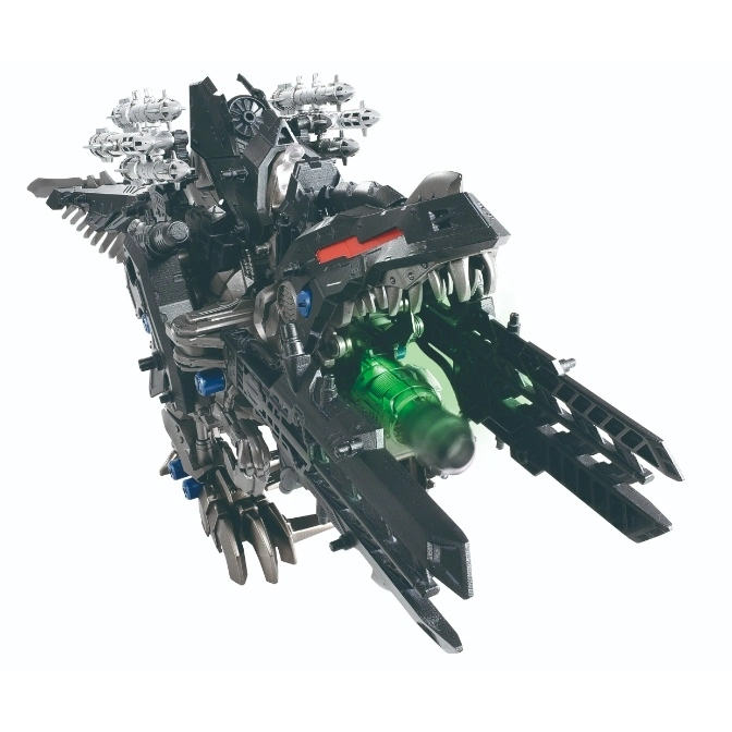 Black Zoid toy with missile launchers and a green energy core in its mouth.