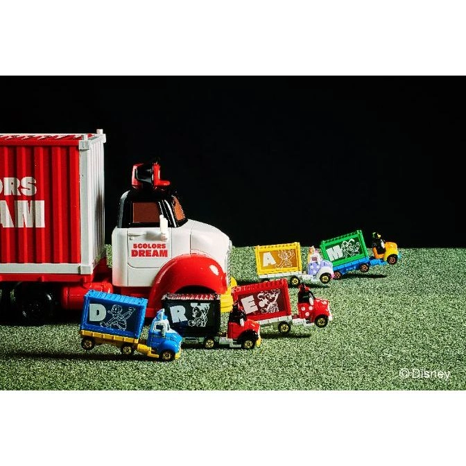  Disney toy truck set with lettered trailers spelling "DREAM", featuring Mickey Mouse and friends.
