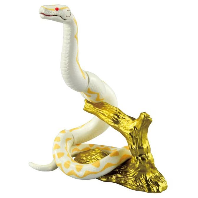  Toy snake with white and yellow markings coiled around a gold tree branch.