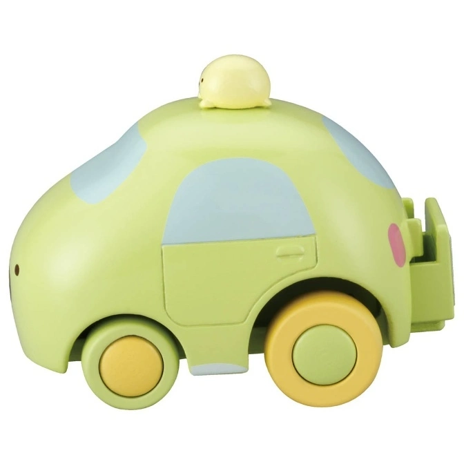  Green toy car with a small yellow figure on top, featuring light blue windows and yellow wheels.