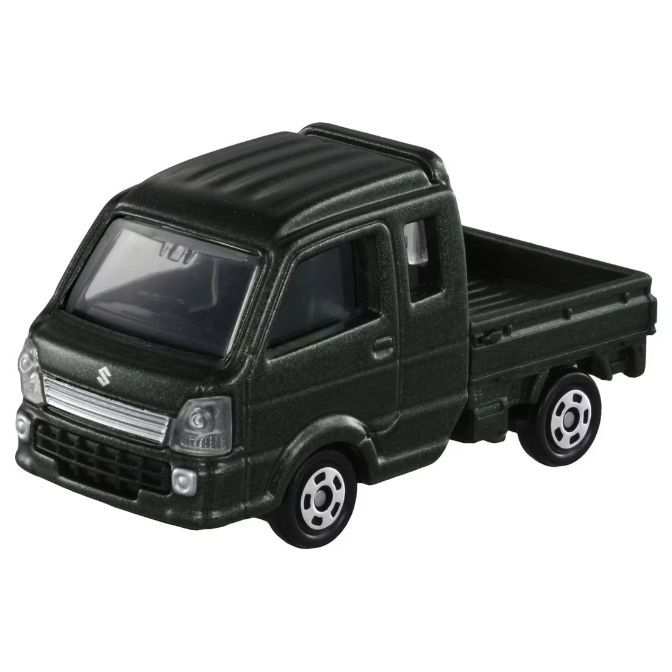 Dark green Suzuki Carry toy truck with a flatbed. Diecast model with detailed features.