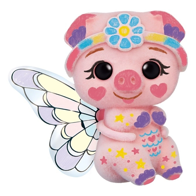  Pink pig fairy toy with wings, flower headband, and heart details.