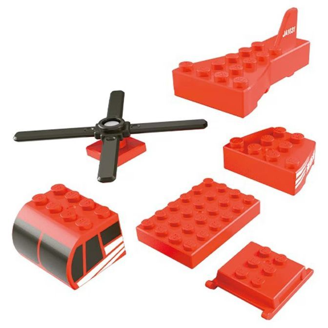  Red toy airplane building blocks with black propeller.