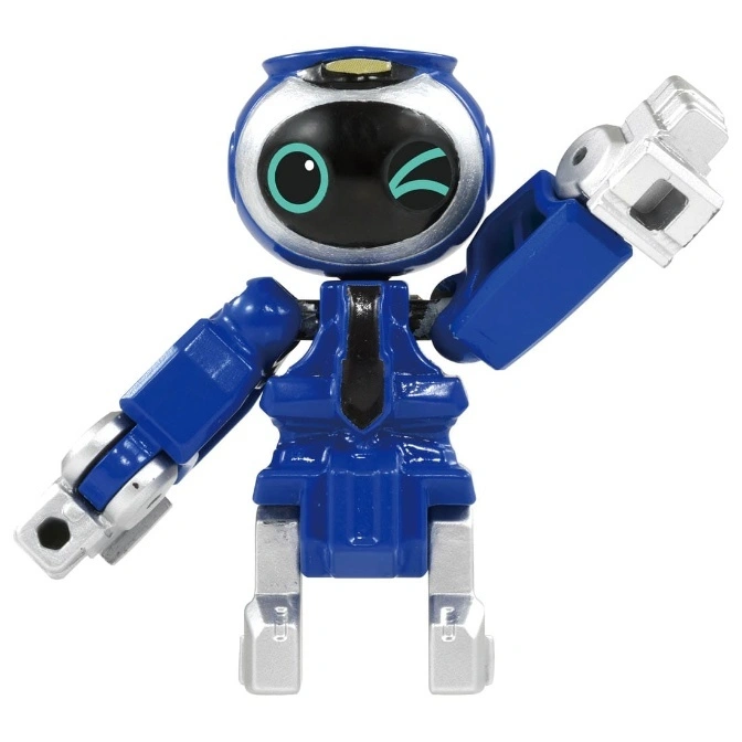  Blue robot toy with silver accents, winking with one eye open and one arm raised.