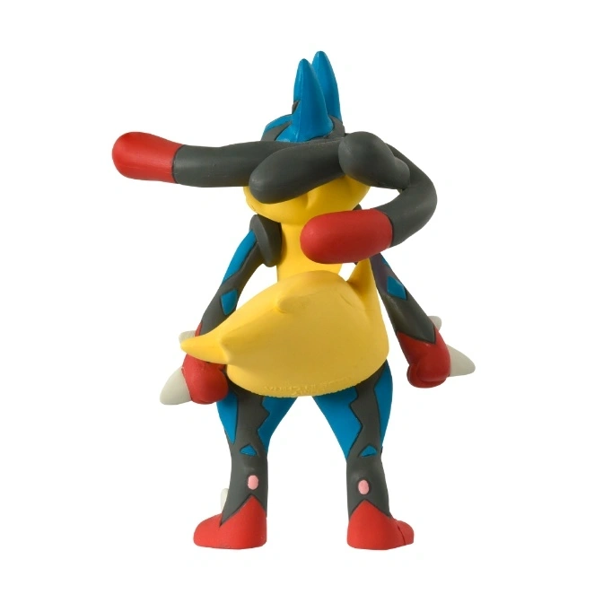  Lucario toy figure with yellow body, black limbs, and red accents, standing on a white background.
