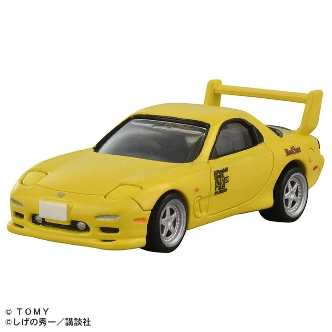  Yellow Mazda RX-7 FD3S toy car with rear wing and detailed decals.