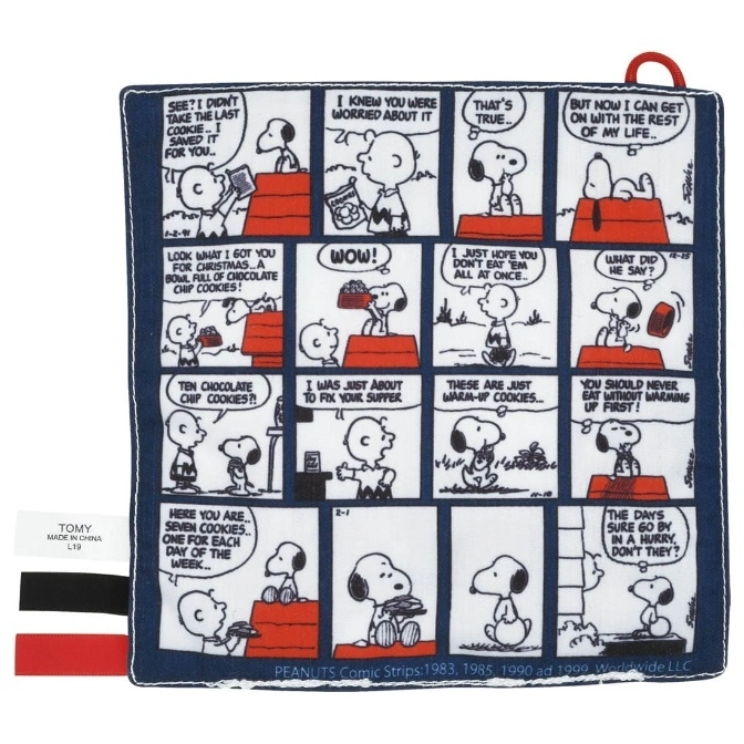  Peanuts comic strip dishcloth with Snoopy and Charlie Brown, featuring a blue border and red hanging loop.