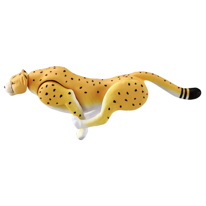 Toy cheetah mid-run, yellow with black spots and striped tail.