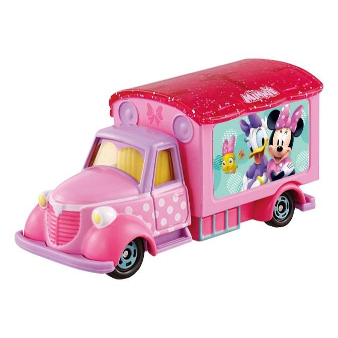 Pink Minnie Mouse toy truck with Minnie and Daisy Duck graphics on the side.
